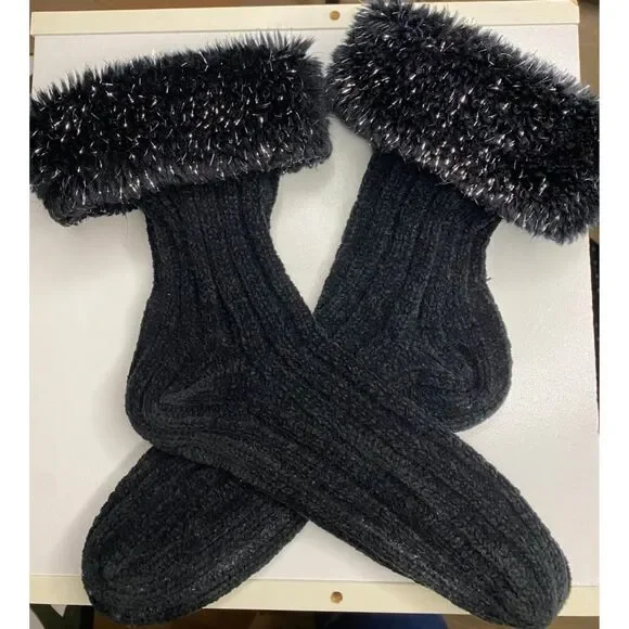 Black Thermal Ankle Socks Black & Silver Tinsel Cuffs – Cozy Holiday Sparkle - Picture 2 of 2